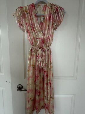 VINTAGE THE SILK FARM Flutter Sleeve Floral V Neck MIDI Dress Size 6